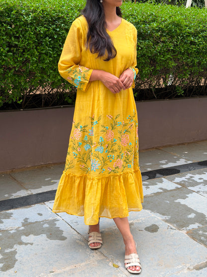 A0822 mustard mul chanderi one piece dress