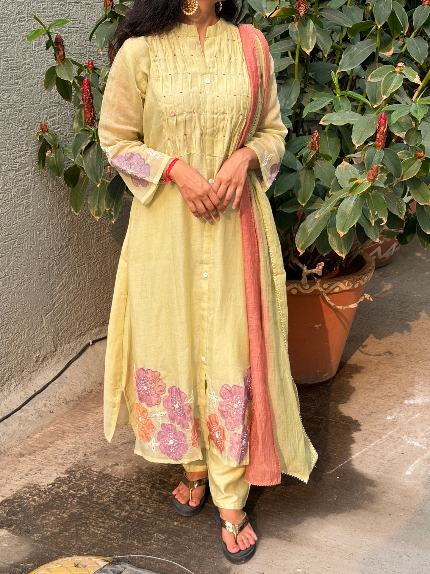 A0677 Pista Green Mul Chanderi 3pc with applique work detailing