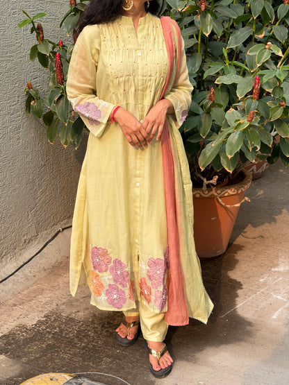 A0677 Pista Green Mul Chanderi 3pc with applique work detailing