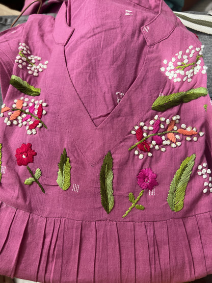 A0052 handloom cotton weave one piece high low dress with hand embroidery