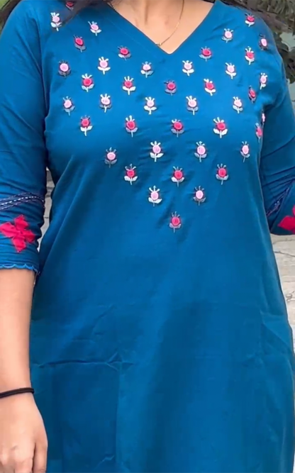 A0180 Blue handloom Cotton two piece set with rose hand embroidery and applique work detailing