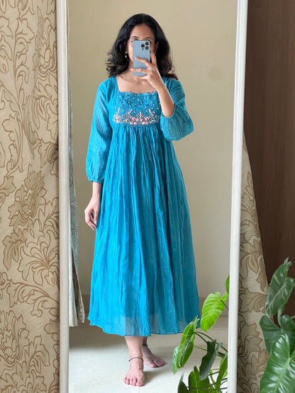 A0524 blue Mul Chanderi dress with hand embroidery and zerdosi work detailing