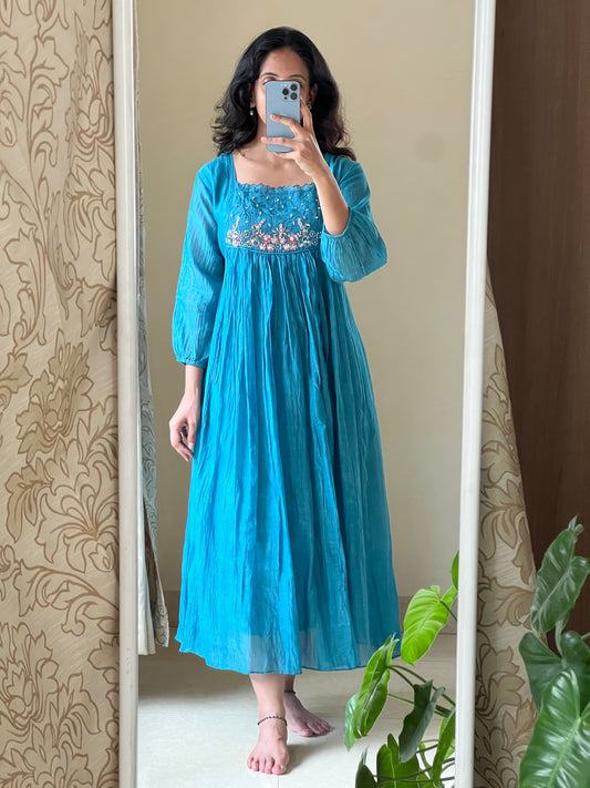A0524 blue Mul Chanderi dress with hand embroidery and zerdosi work detailing