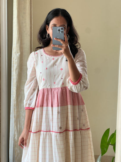A0520 white & red Bengal cotton jamdani one piece dress with hand embroidery detailing on yoke part