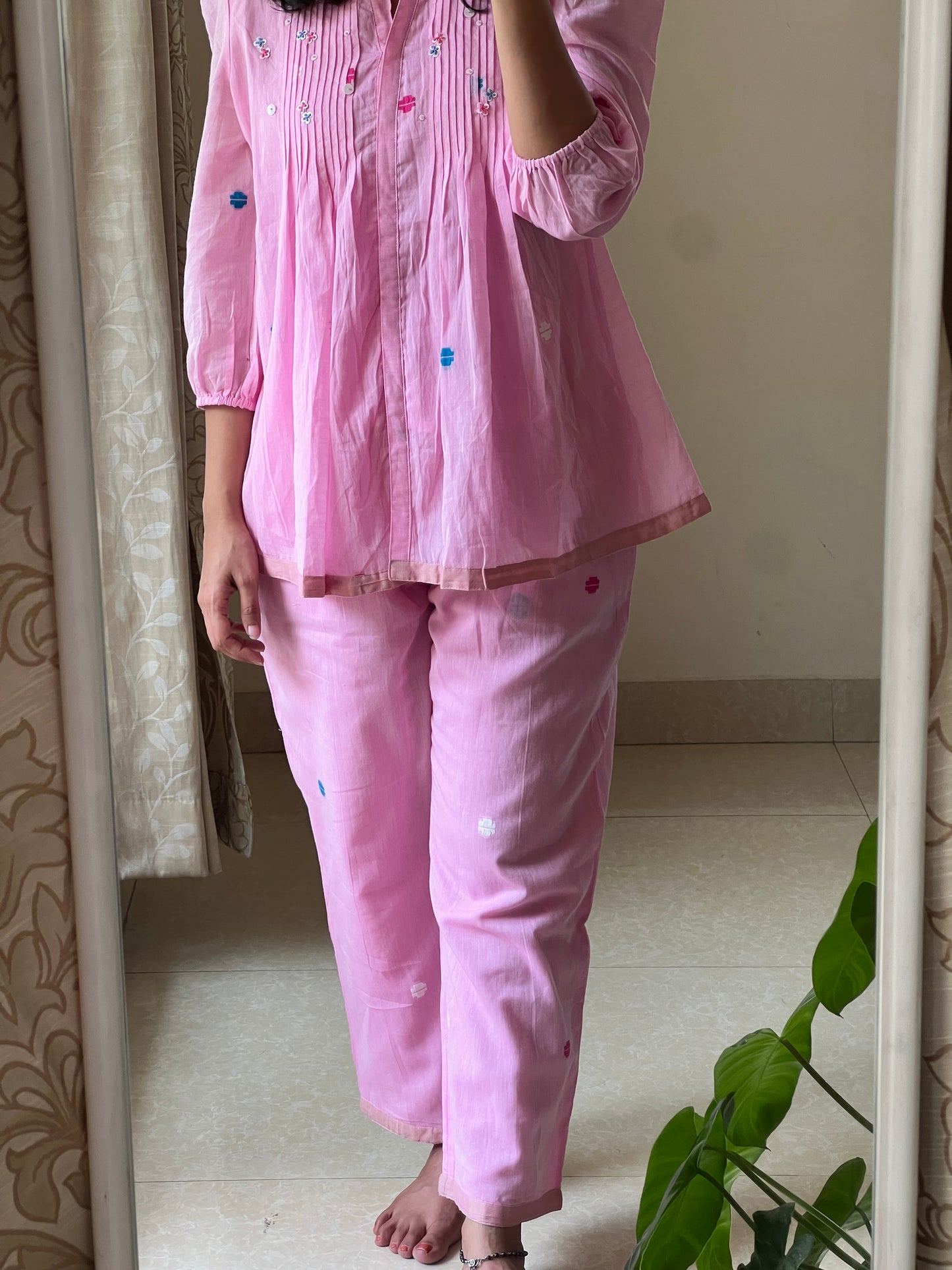A0662 Jamdani Pink coord set with hand embroidery butties