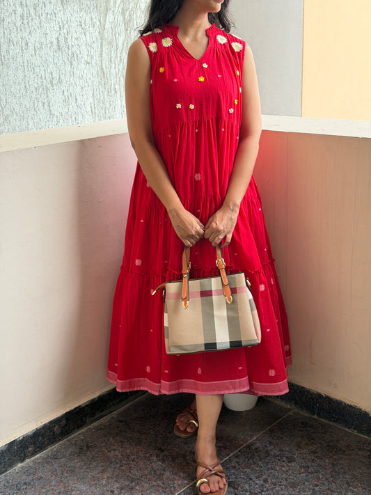 A0752 Red bengal cotton Jamdani one piece dress with hand embroidery on yoke part