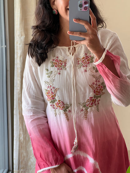 A0501 white & peach tie dye mul chanderi coord set with hand embroidery detailing on yoke part