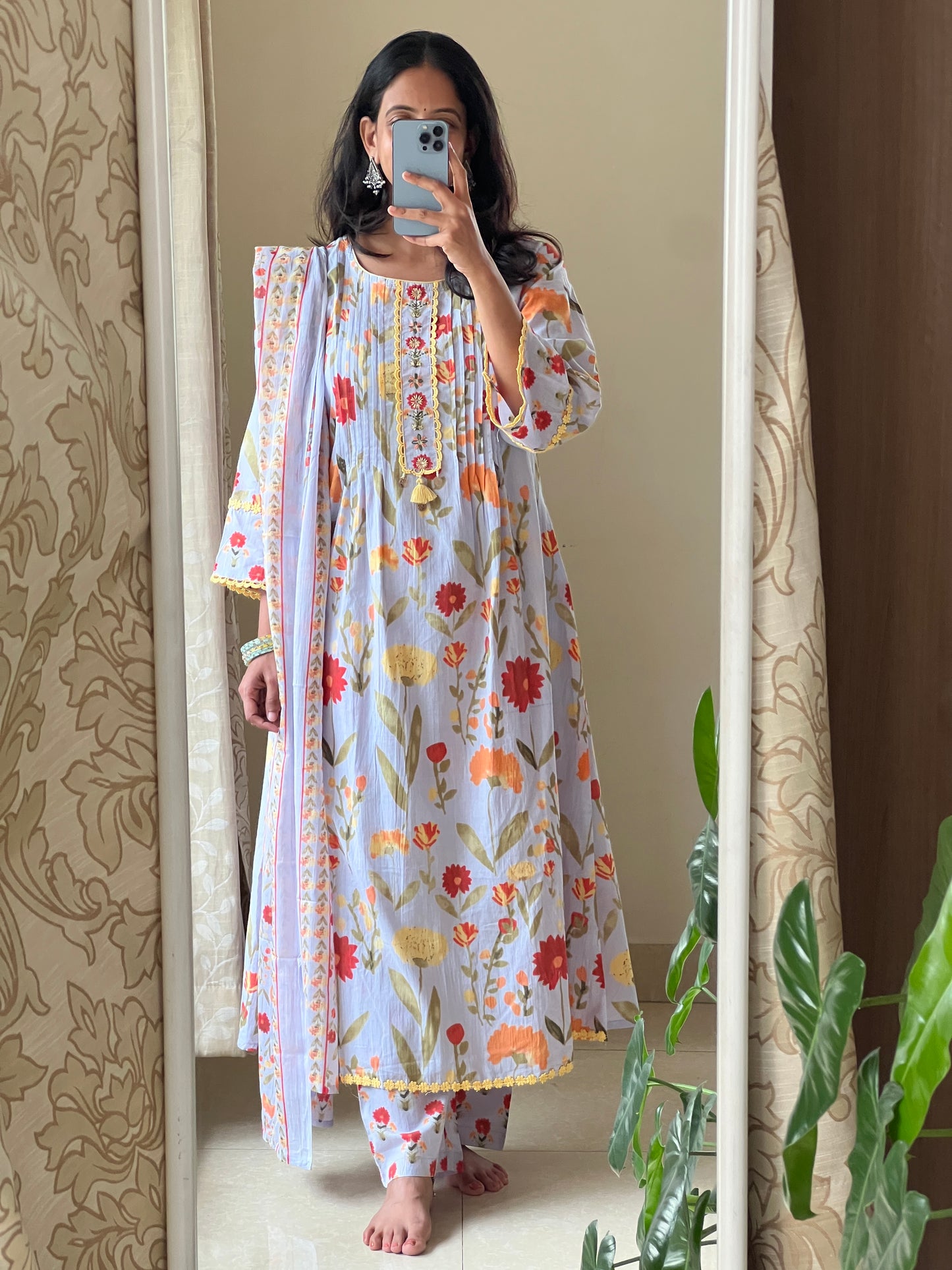 A0479 blue pure cotton floral digital printed 3 piece set