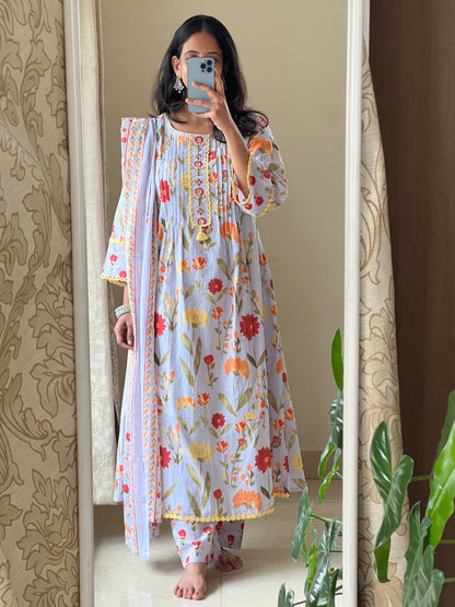 A0479 blue pure cotton floral digital printed 3 piece set