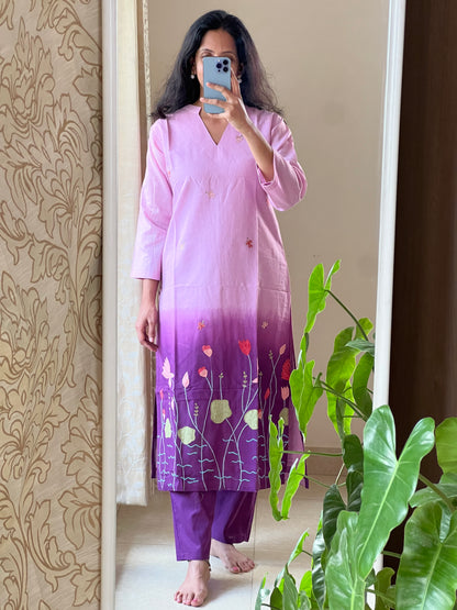A0163 Mulmul shaded two piece set with lotus pond applique work