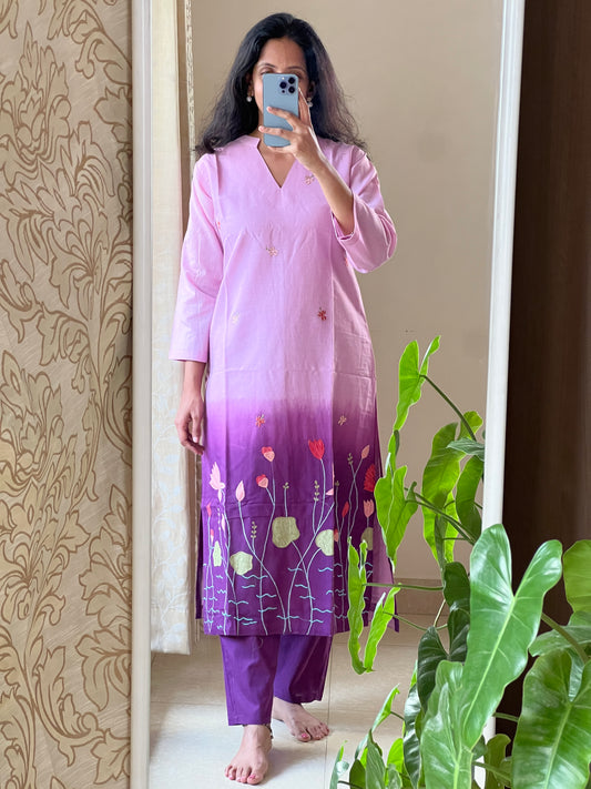 A0163 Mulmul shaded two piece set with lotus pond applique work