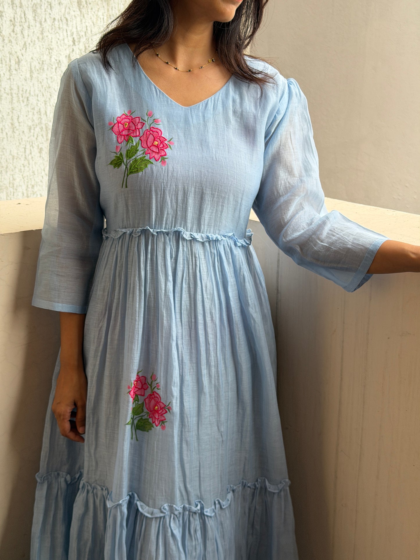 A0790 Mul Chanderi applique flower with hand paint dress