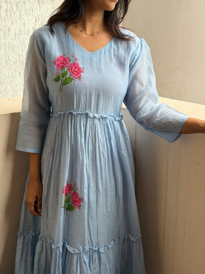 A0790 Mul Chanderi applique flower with hand paint dress