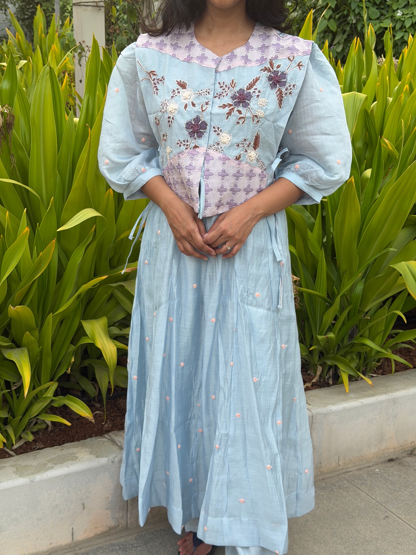 A0764 Mul Chanderi Powder blue 3pc set with khali top, pants and coat