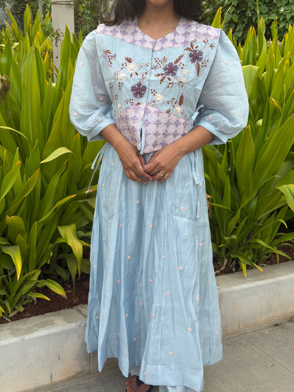 A0764 Mul Chanderi Powder blue 3pc set with khali top, pants and coat