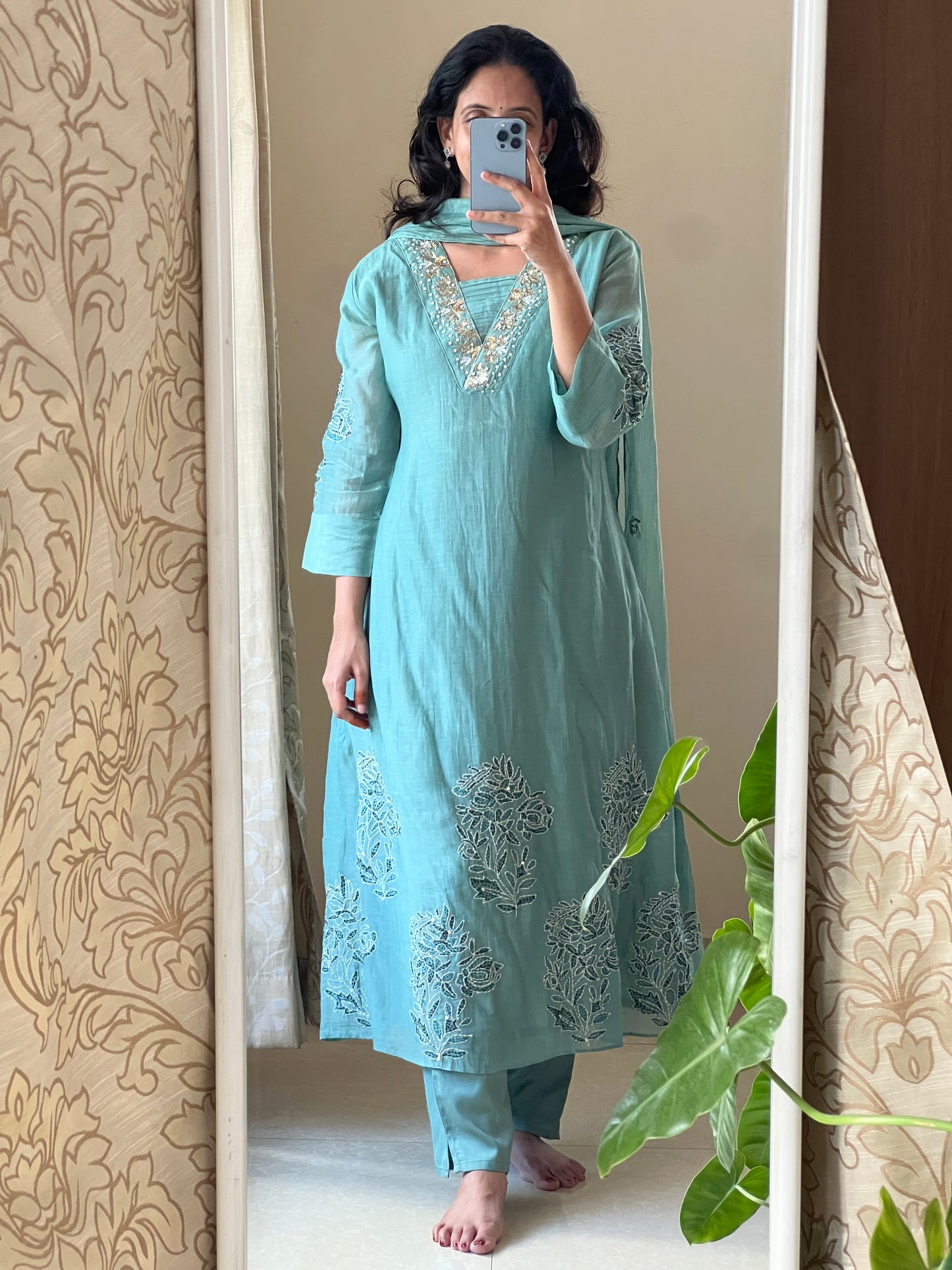 A0449 green Mul chanderi 3 piece dress with Kantha & chikankari work detailing all over the dress