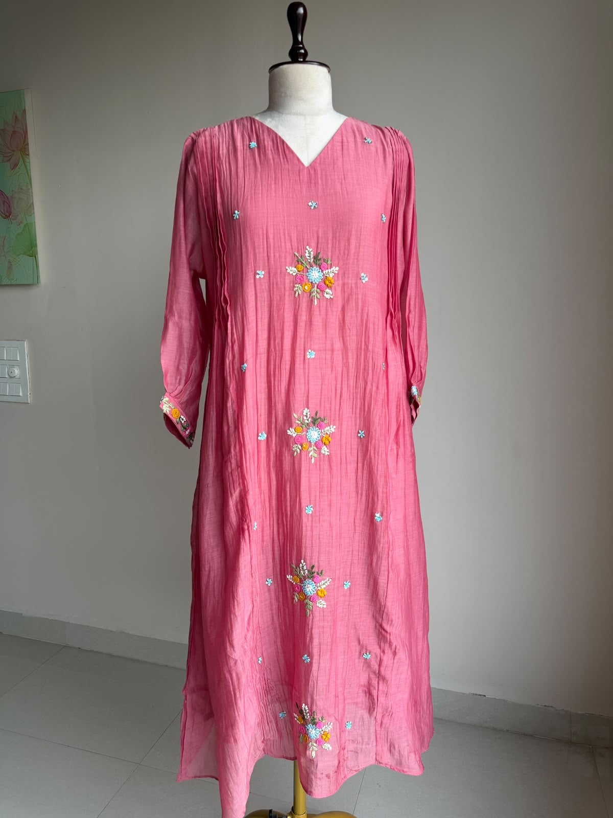 A0852 peach mul chanderi one piece dress with hand embroidery butties
