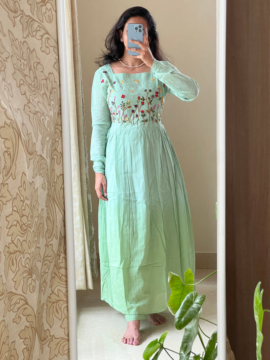 #9141 Mulmul green shaded 2 piece dress with hand embroidery