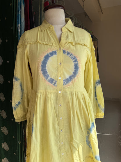 Yellow cotton tie die dress with knot work detailing on yoke part