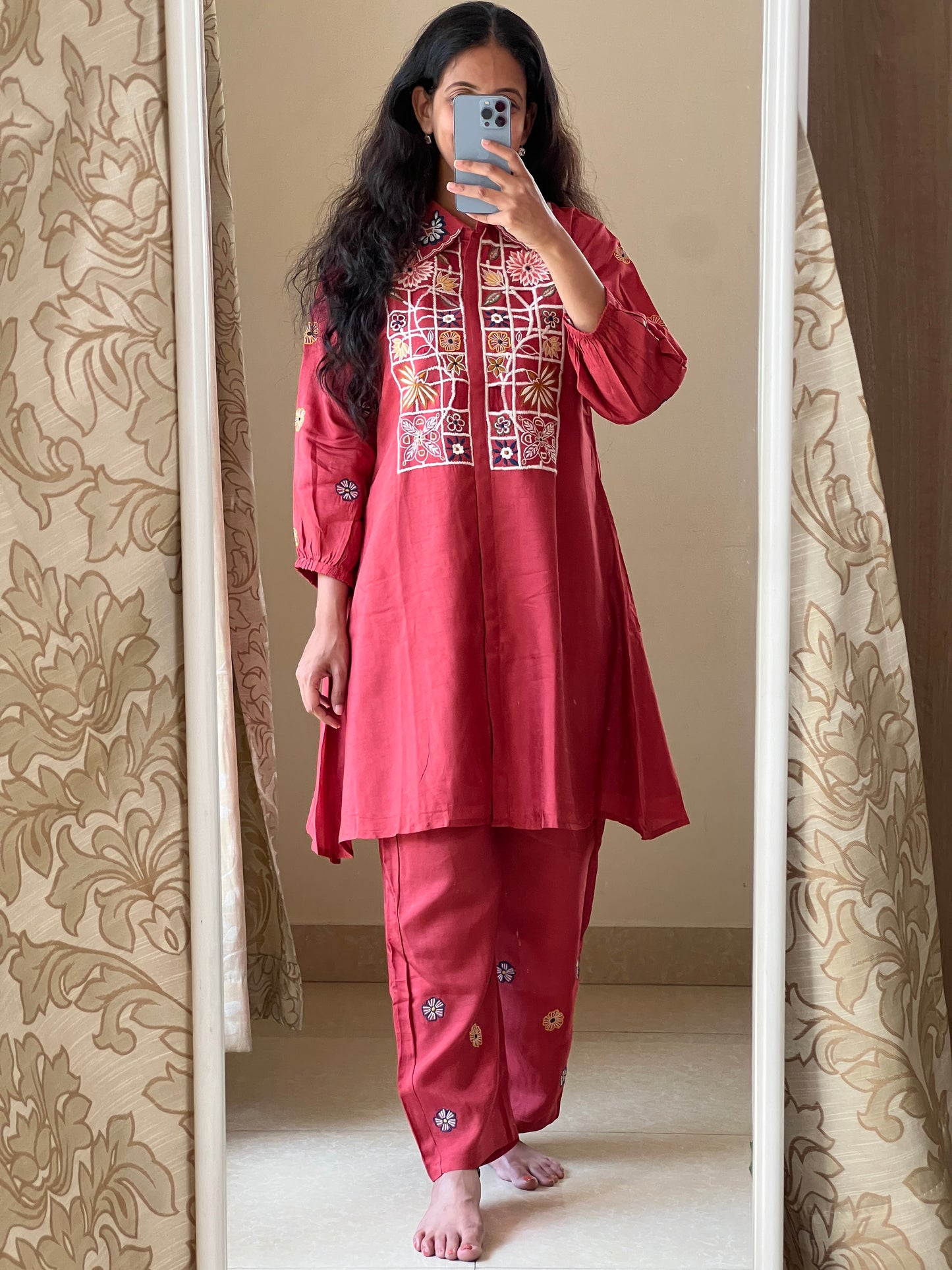 A0369 rust dola silk coord set with machine embroidery detailing