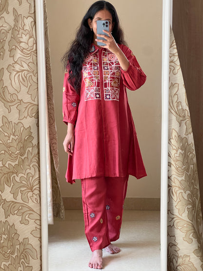 A0369 rust dola silk coord set with machine embroidery detailing