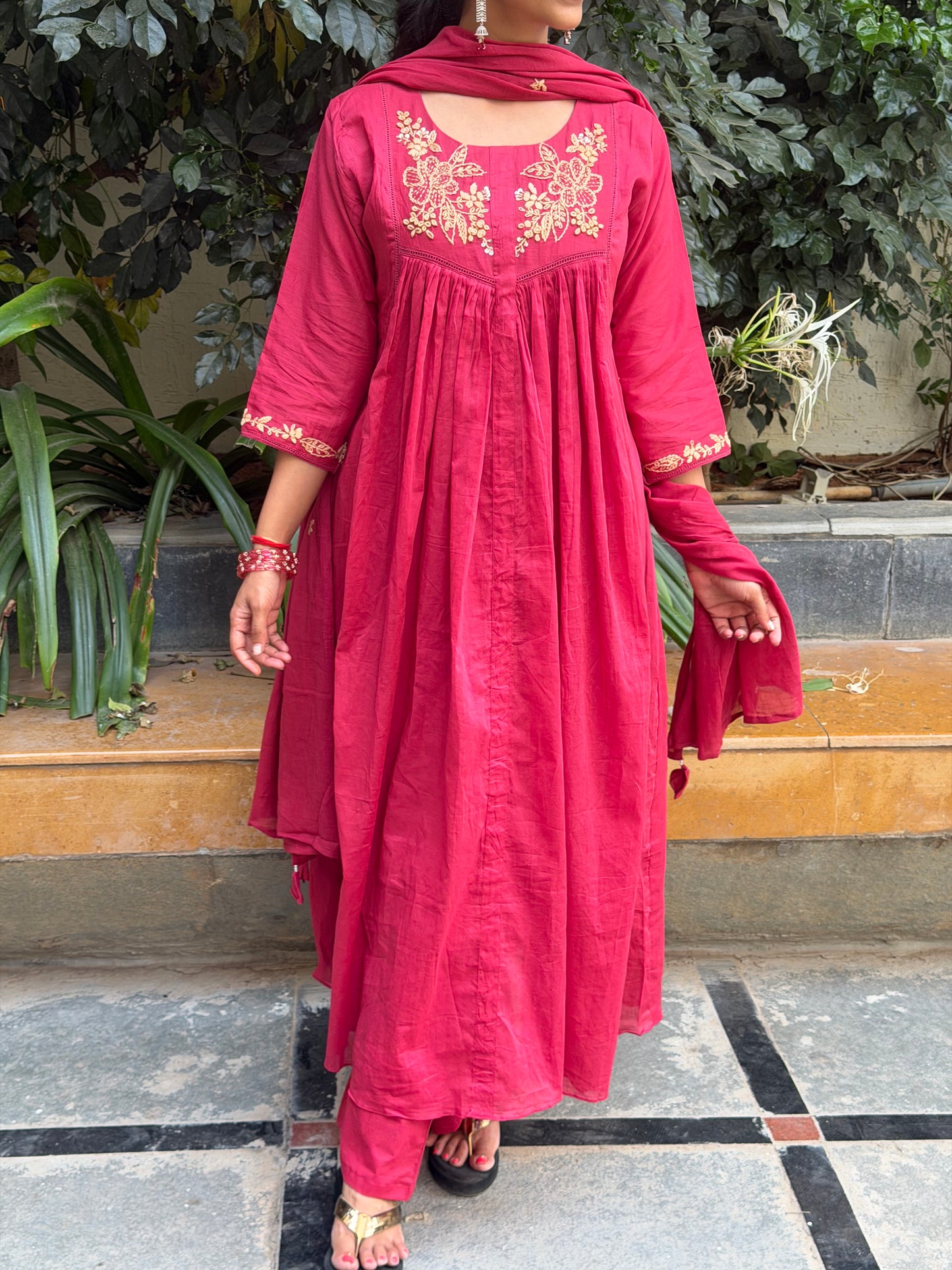 A0658 maroon Mul cotton 3pc set with embroidery detailing