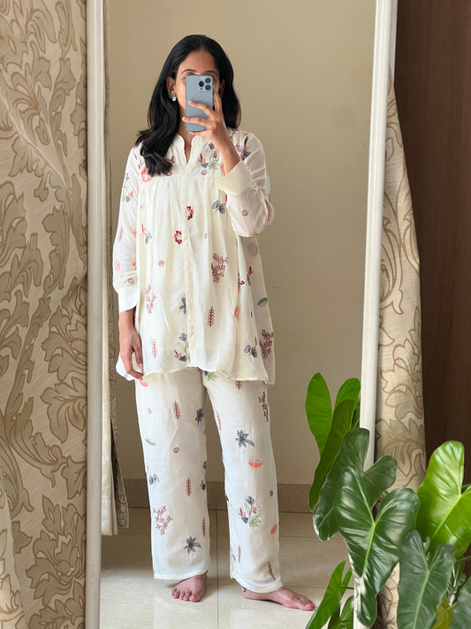 A0508 half white chinnon coord set with embroidery butties all over the dress