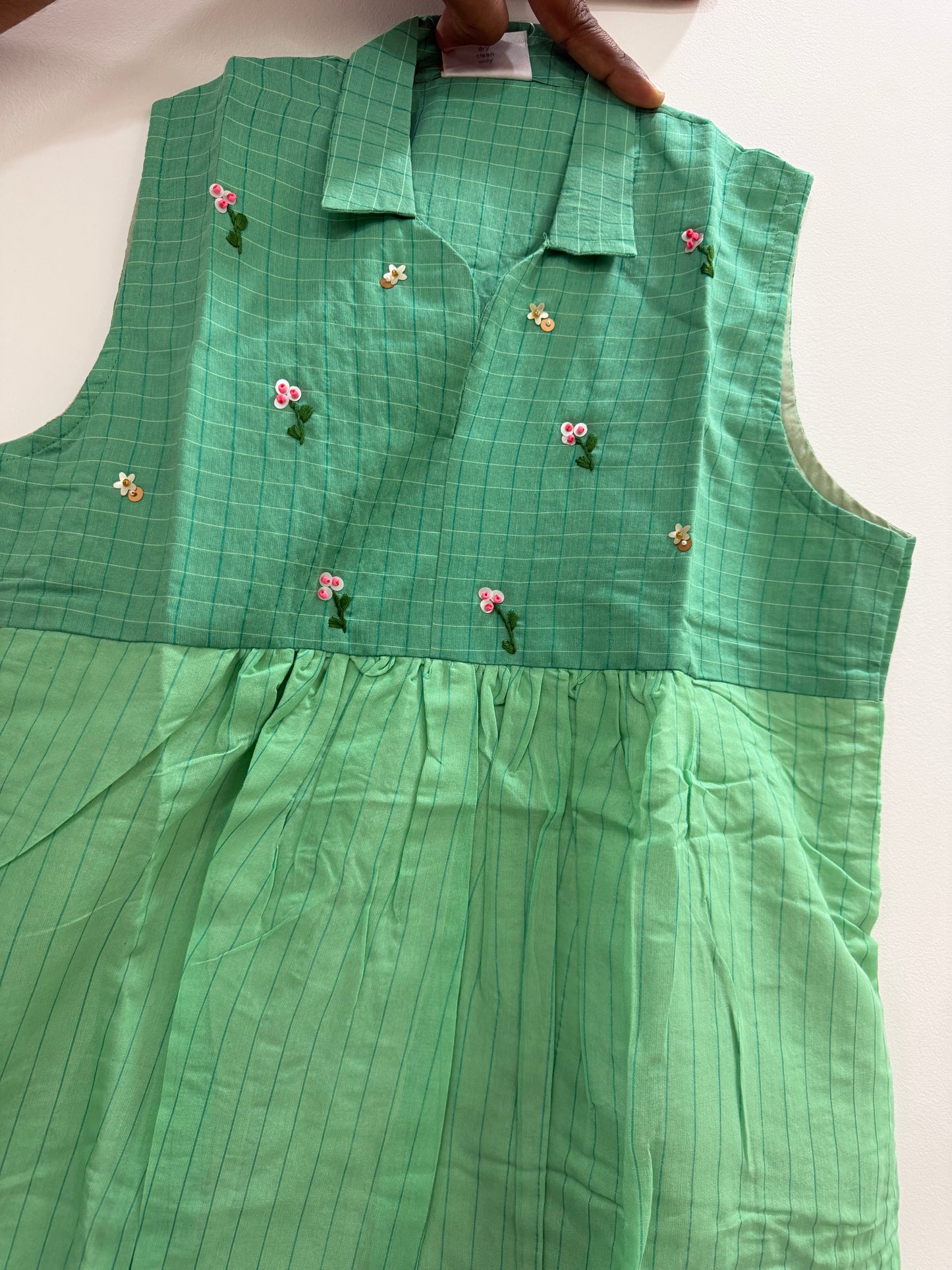 Mul cotton check frock in beautiful green shade