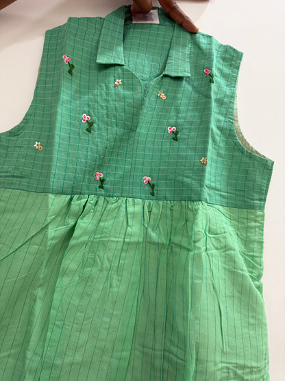 Mul cotton check frock in beautiful green shade