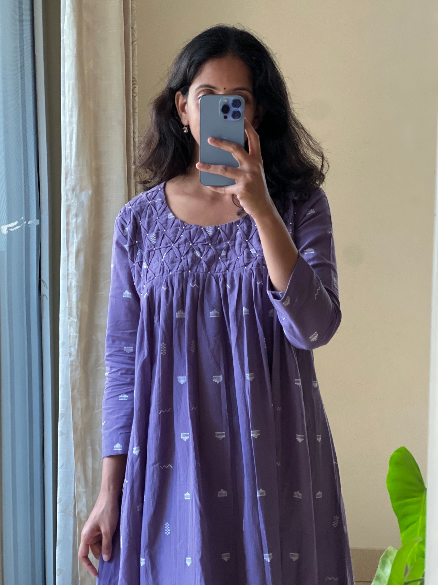 A0544 lavender handloom cotton one piece dress with smocking detailing on yoke part