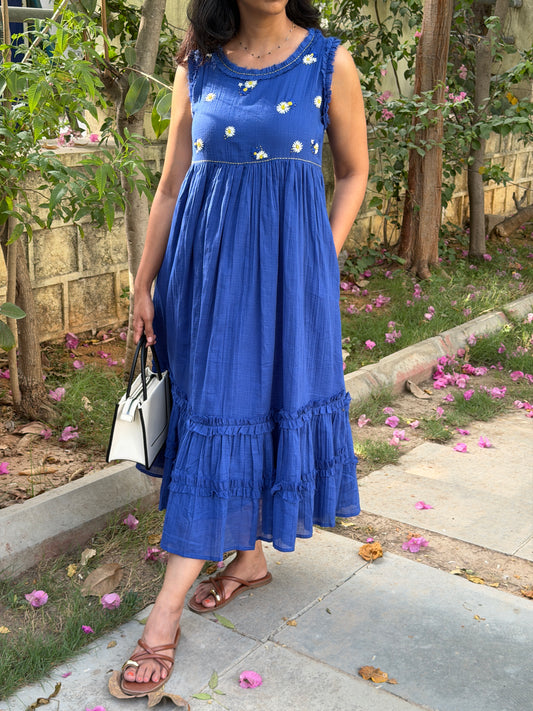 A0765 blue cotton one piece dress with hand embroidery detailing on yoke part