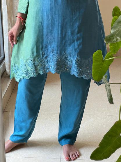 A0390 blue & green shaded Mul chanderi coord set cut work embroidery detailing