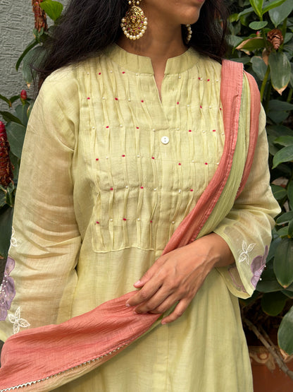 A0677 Pista Green Mul Chanderi 3pc with applique work detailing