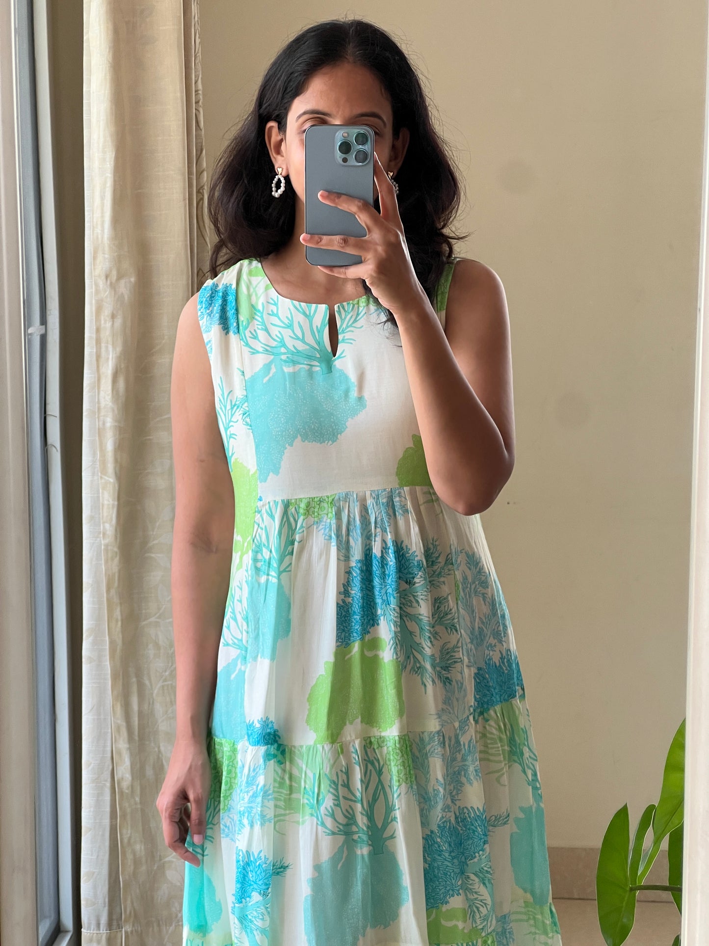 A0526 white & blue premium cotton silk one piece floral printed dress, sleeves can be attached