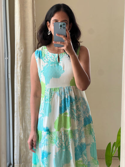 A0526 white & blue premium cotton silk one piece floral printed dress, sleeves can be attached