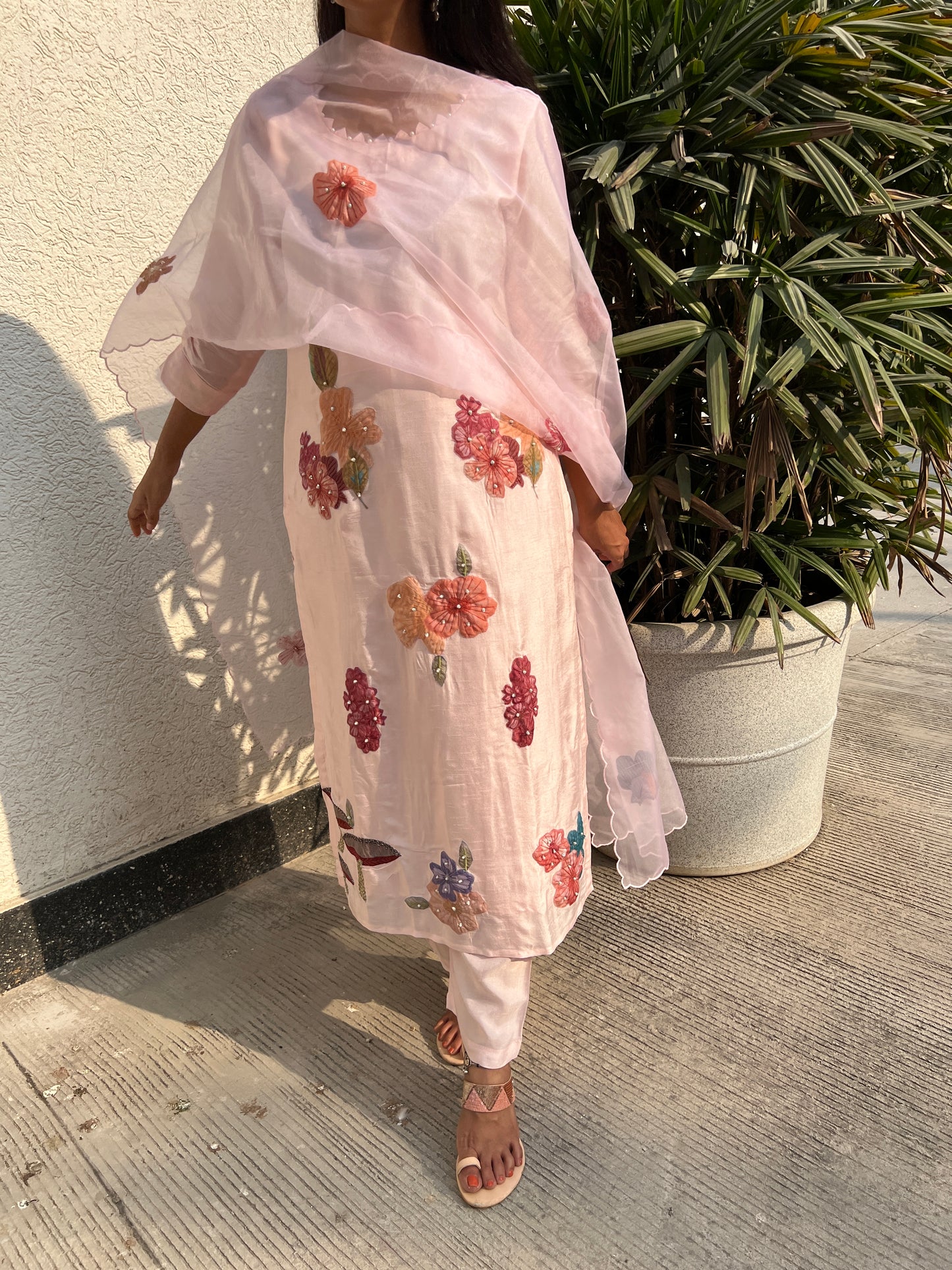 A0340 nude pink Dola silk 3 piece dress with applique work detailing