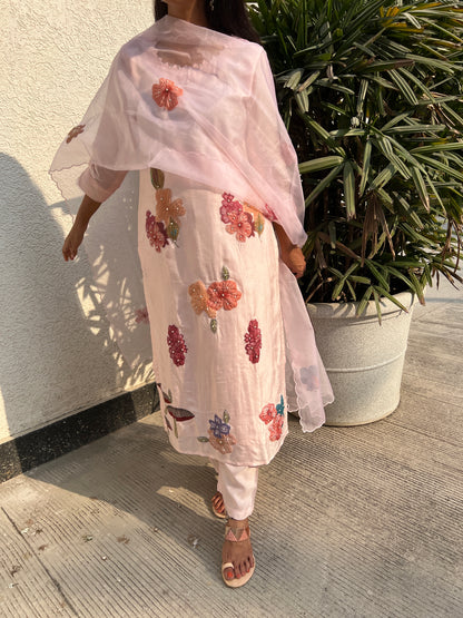 A0340 nude pink Dola silk 3 piece dress with applique work detailing
