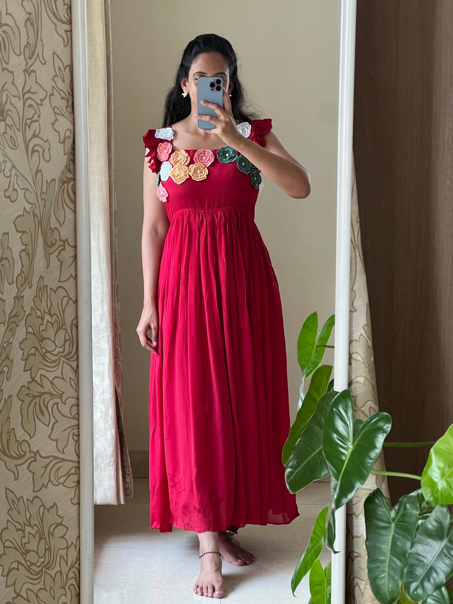 A0505 red chinnon one piece dress with multi colour floral applique work detailing on yoke part