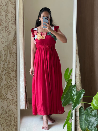 A0505 red chinnon one piece dress with multi colour floral applique work detailing on yoke part