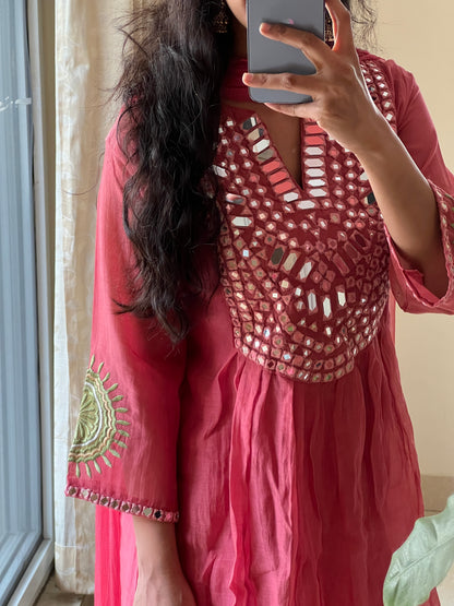 A0387 pink mul chanderi 3 piece dress with mirror work embroidery detailing