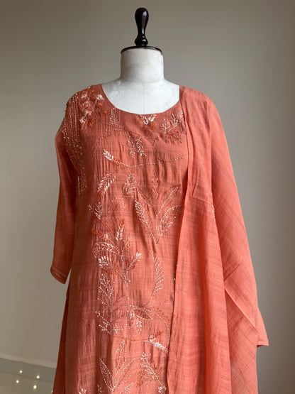 A0844 rust mul chanderi kantha work 3 piece dress
