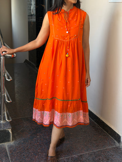 A0827 Jamdani orange dress with hand kanta work