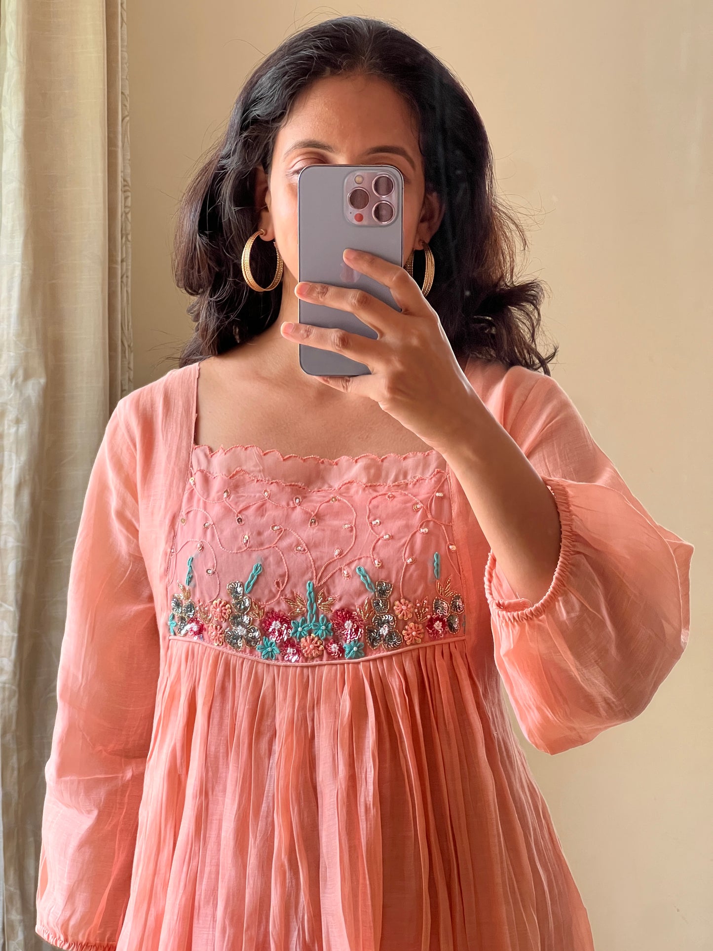 A0462 peach mul chanderi one piece dress with hand embroidery detailing on yoke part