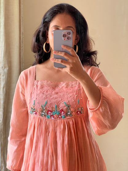 A0462 peach mul chanderi one piece dress with hand embroidery detailing on yoke part