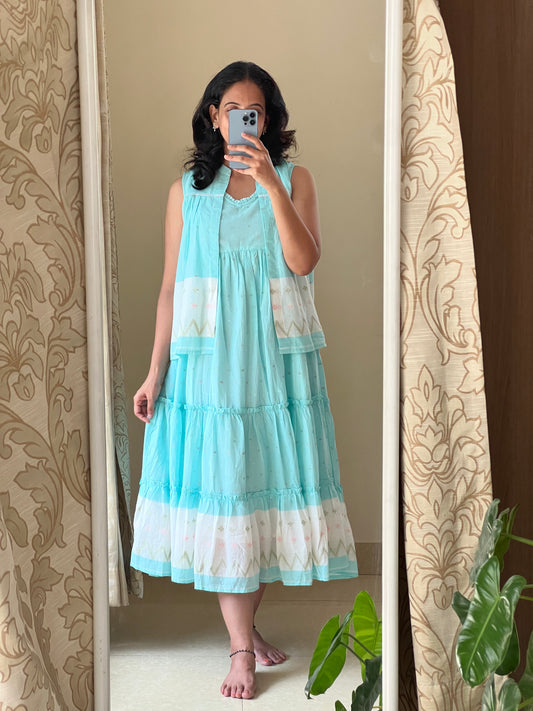 Bengal cotton Jamdani coat dress in beautiful Blue shade with