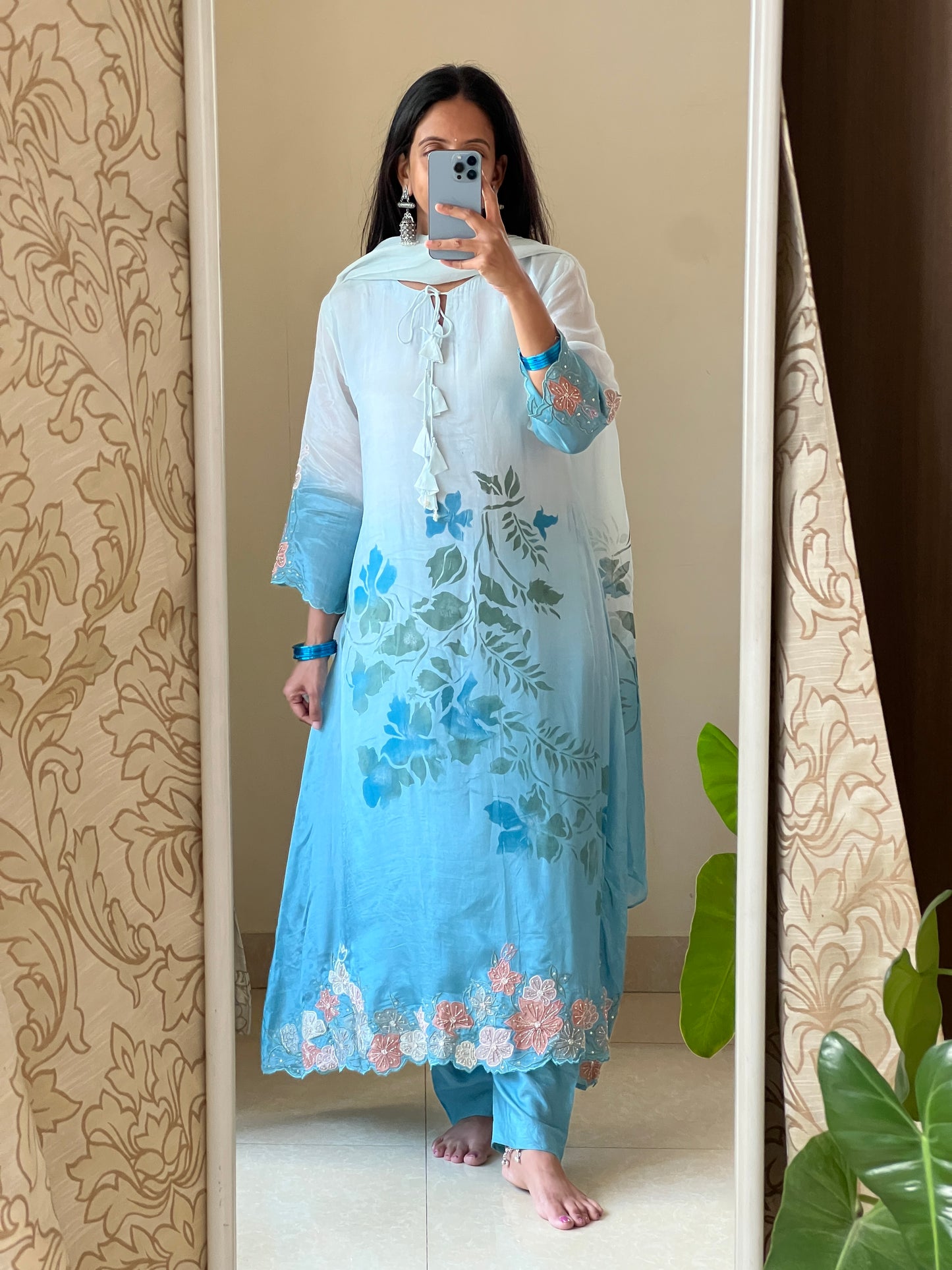 A0562 blue shaded silk 3 piece dress with applique work, hand painted & hand embroidery