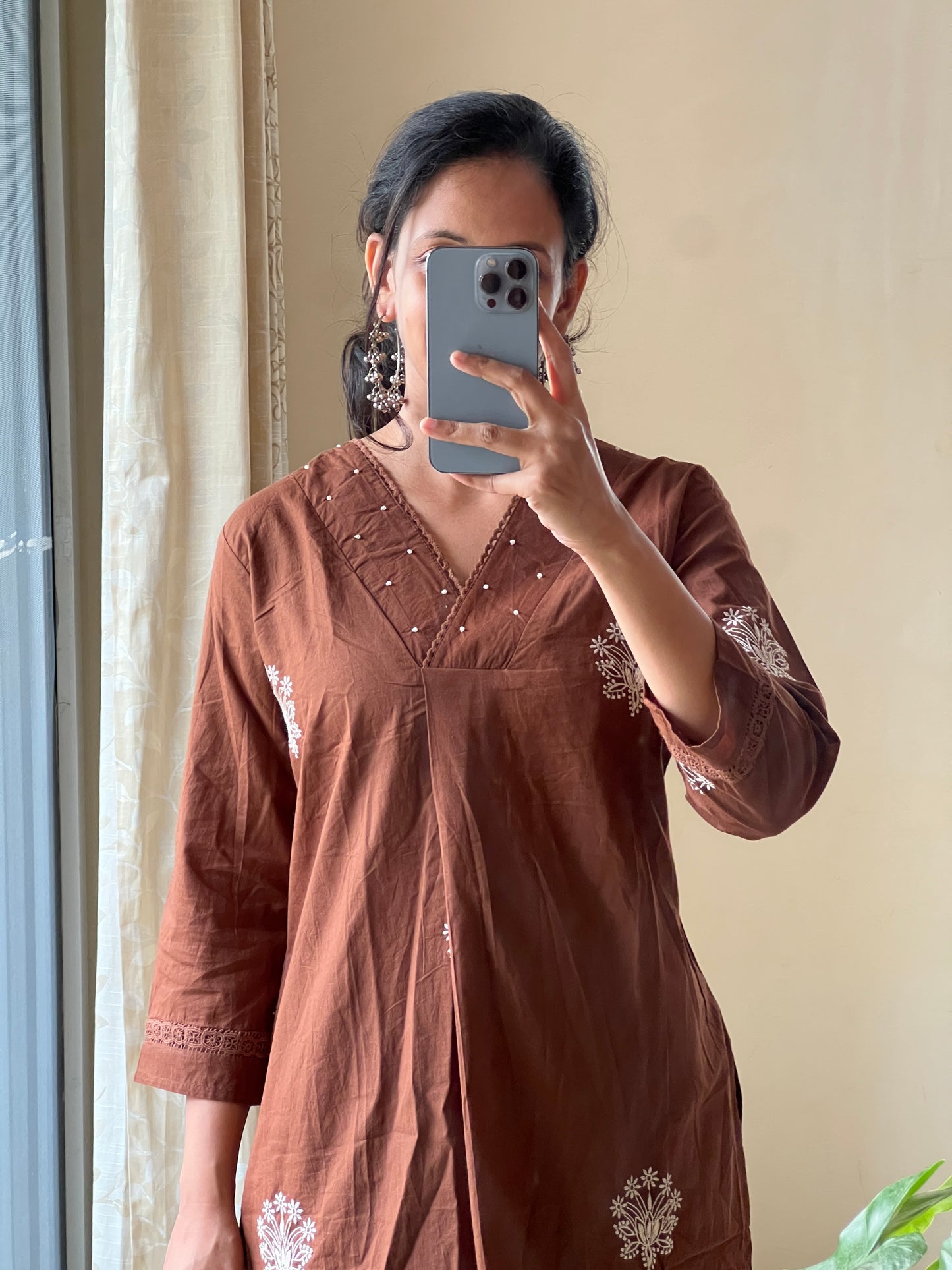 A0107 chocolate brown cotton 2 piece dress with machine embroidery detailing