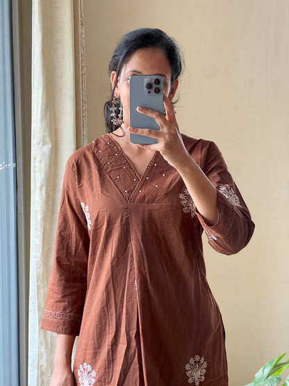 A0107 chocolate brown cotton 2 piece dress with machine embroidery detailing