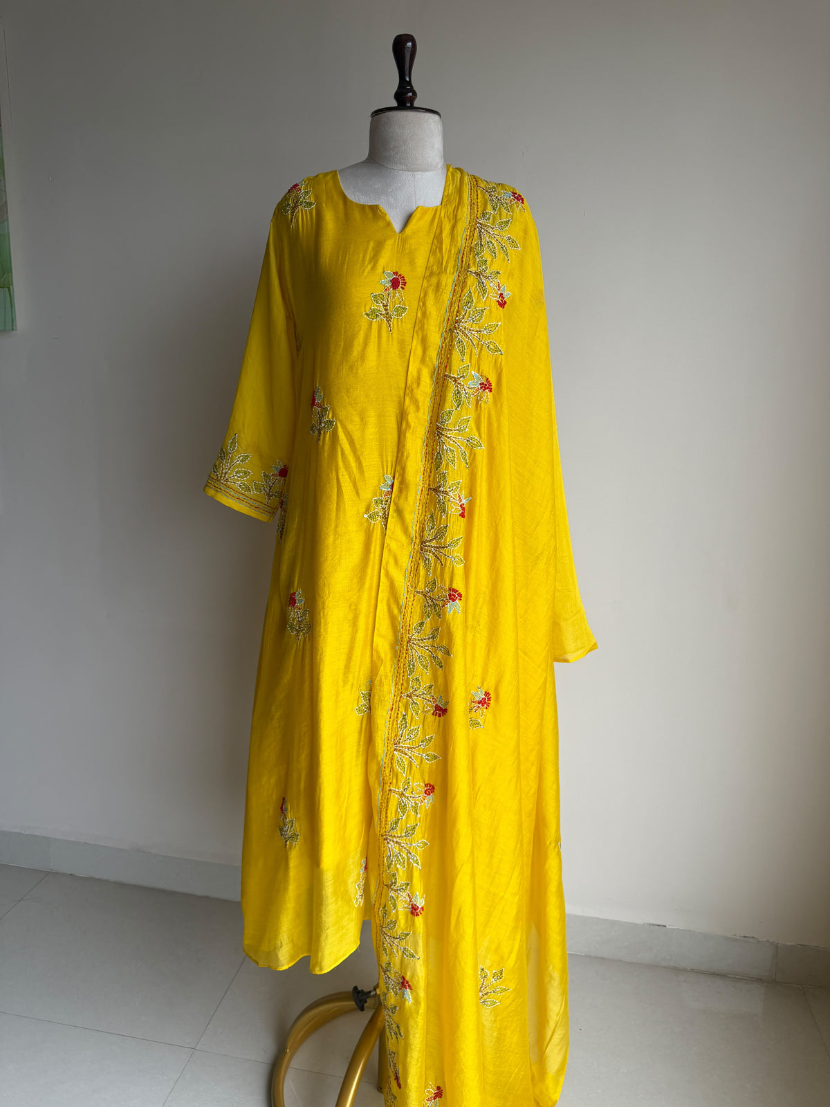 A0841 yellow mul chanderi Kantha work embroidery 3 piece dress