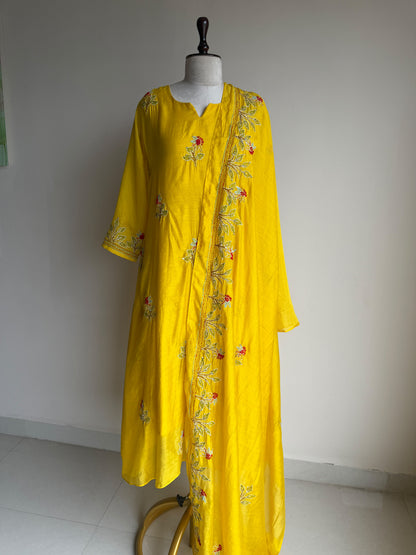 A0841 yellow mul chanderi Kantha work embroidery 3 piece dress